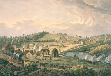 Oberwerke in Coalbrookdale, Shropshire, graviert von F. Vivares, veröffentlicht 1758
